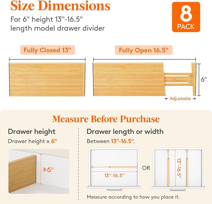 Lifewit 8 Pack 6" Deep Bamboo Drawer Dividers, 13-16.5" Expandable Drawer - Image 2