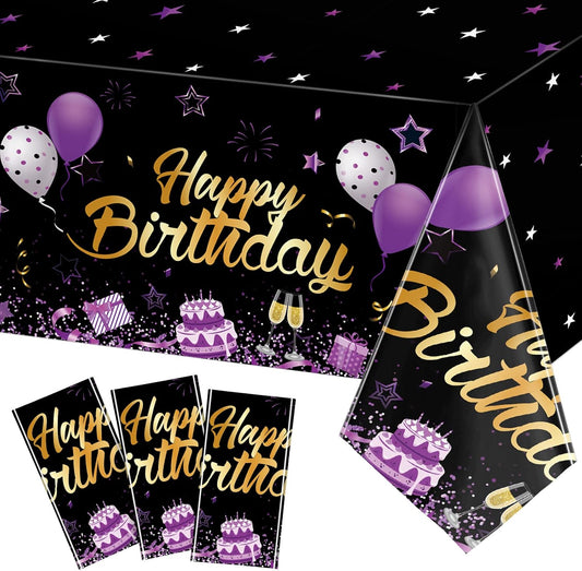 Breling 3 Pack Birthday Party Supplies Confetti Sprinkles Happy Birthday Tablecloths Starry Table Covers for Kids Adults Party Decorations, 54 x 108 Inches (Purple and Black)