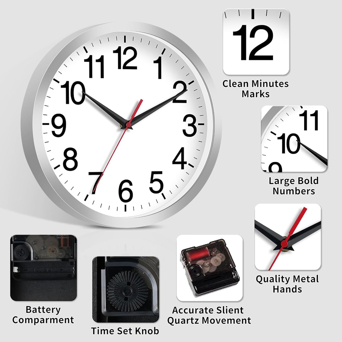 12 Inch Wall Clock Modern Battery Operated Silent Non Ticking Analog Clock Decorative for Bedroom Kitchen Bathroom Office Home Living Room (Silver)