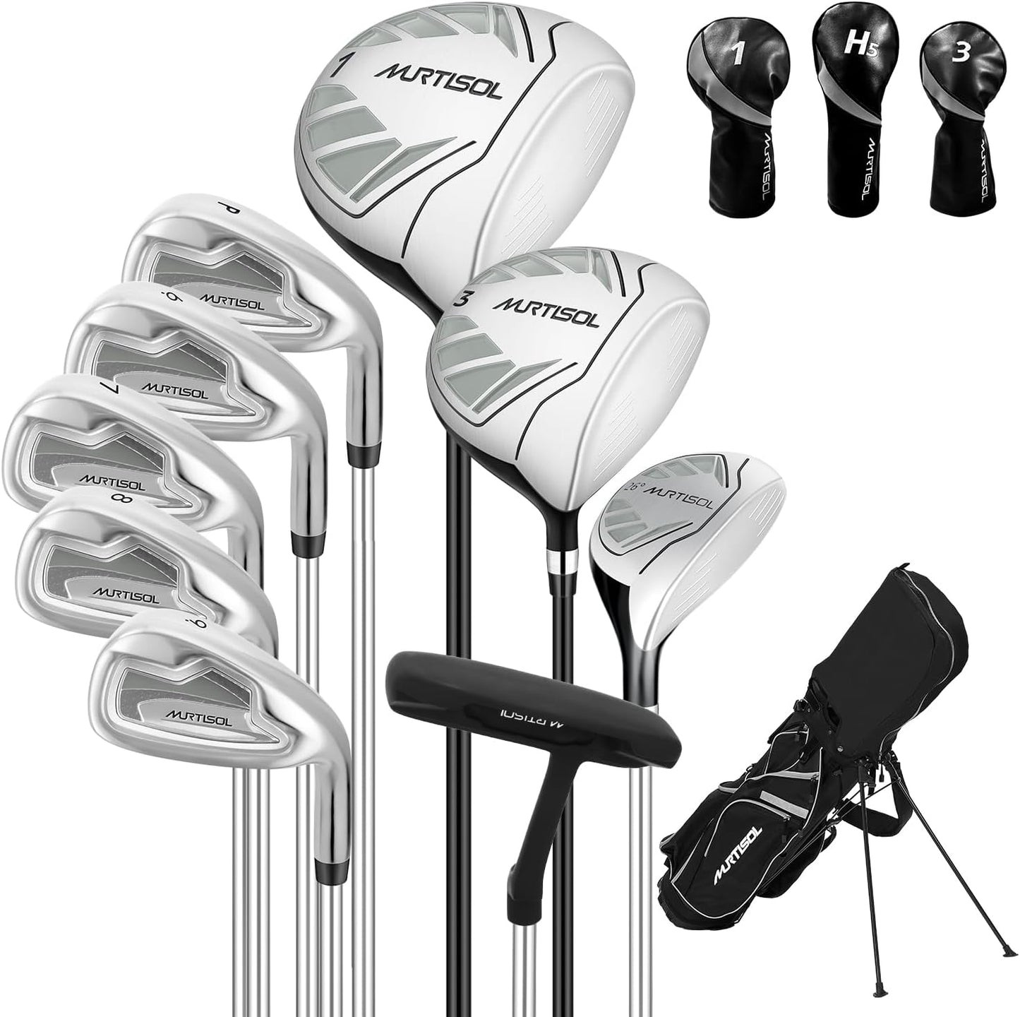 10 Pieces Golf Clubs Full Set Mens Right Hand,Golf Set Includes Stand Bag with Rain Hood, 1#Driver 3#Wood #5 Hybrid,with 3 Head Covers, 6# 7# 8# 9# PW# Irons and Putter