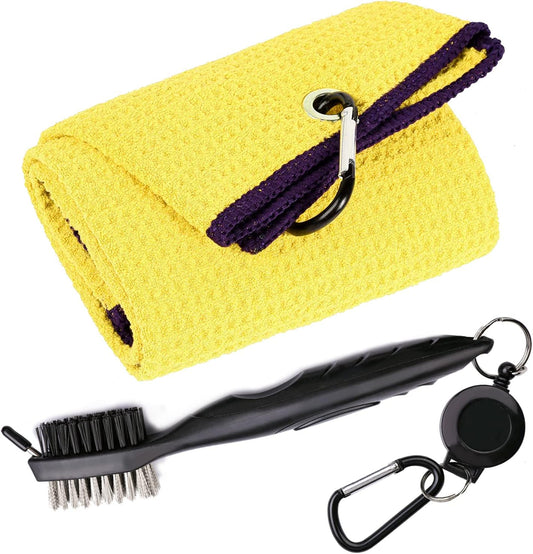 Golf Towels, Microfiber Waffle Pattern Tri-fold Golf Towel - Brush Tool Kit with Club Groove Cleaner, with Clip Men Women Golf Gifts (Yellow Towel+Black Brush)