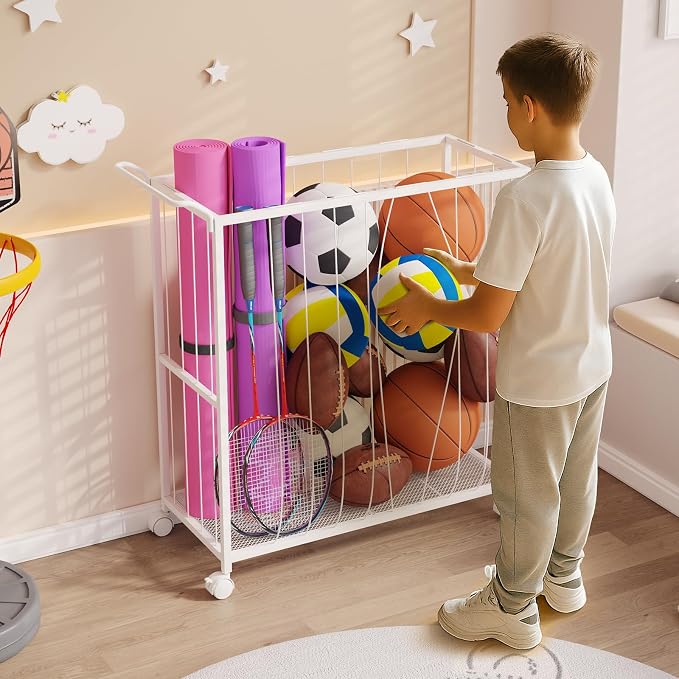 Ball Storage Bin Rolling Sports Ball Cart, Metal Garage Organizer Sport Rack - Image 5