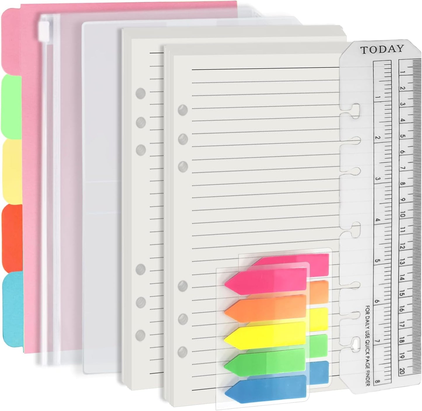 Harphia A5 6 Holes Binder Refill Value Set, 90sheets rulled line loose leaf paper with stickers and dividers, planner inserts with binder pockets for A5 binder 6 holes refillable notebook,005da5line