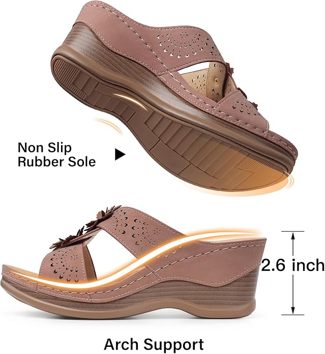 TEMOFON Womens Wedge Sandals Leather: Dressy Sandal, Rubber Sole, Comfortable - Image 5