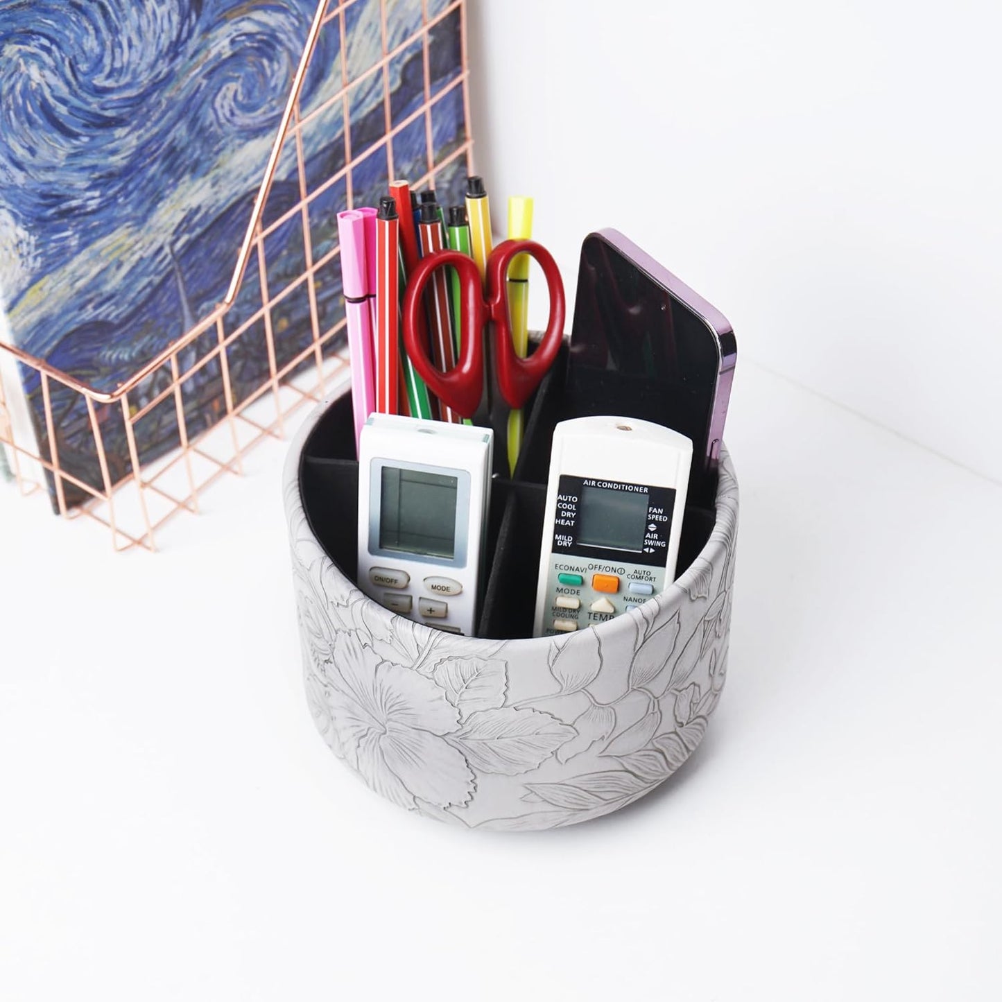 Hennaja Round Leather Art Supply Organizer,Remote Control Holder,360 Degree Spinning,Multi-Functional Pencil Holder,4 Compartments Desktop Stationary Organizer(1-Carved Grey)