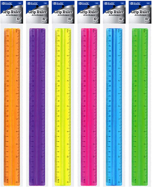 BAZIC Products Plastic Ruler 12" (30cm) w/Handle Grip, Inches Centimeter Metric Measuring Drafting Rulers, for Students School Supplies, Assorted Color, 6-Pack