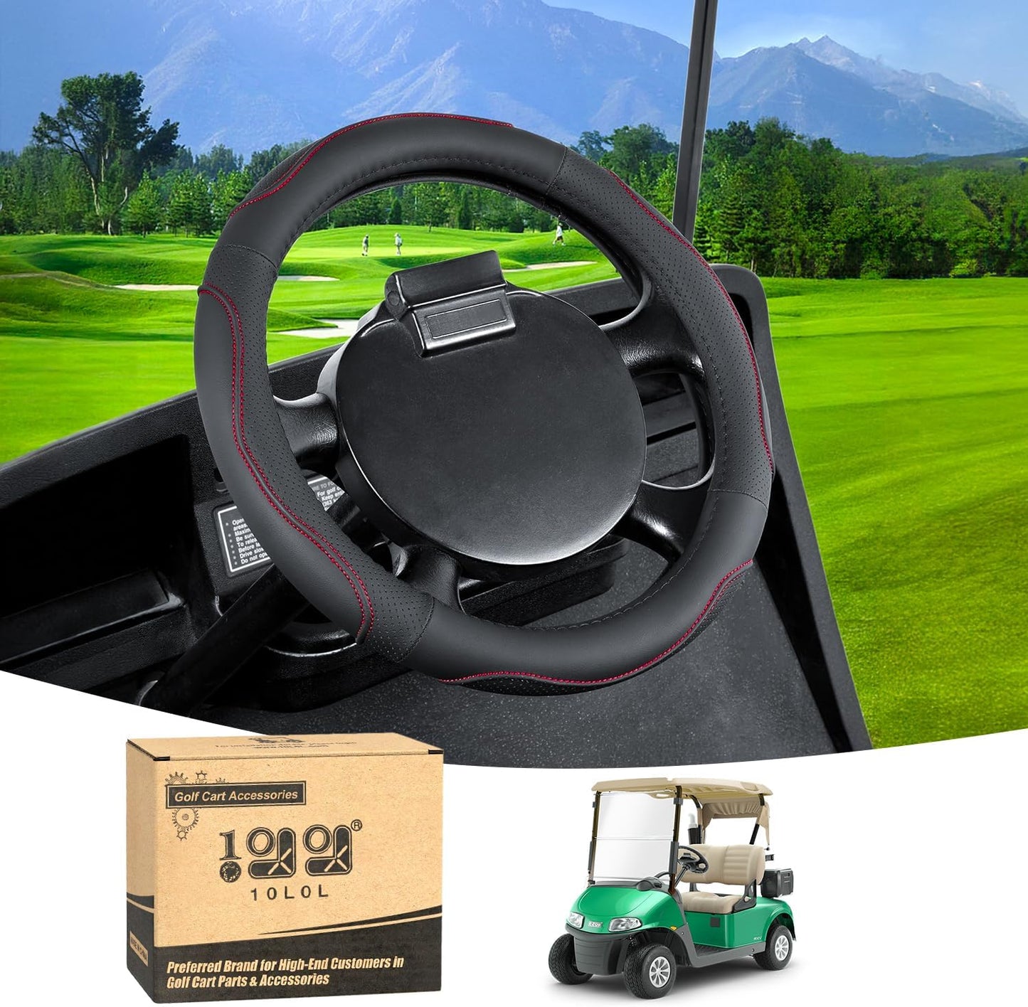10L0L 13 Inch Golf Cart Steering Wheel Cover for EZGO TXT RXV, Anti Slip PU Leather & Comfortable Grip Feeling-Black Red