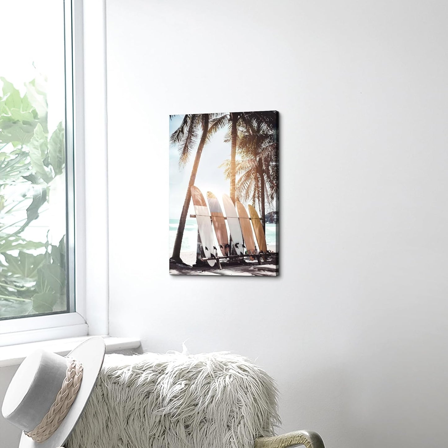 Hardy Gallery Palm Tree Wall Art Surfboard Pictures: Beach Scene Painting Coastal Wall Decor Seaside Artwork Surfing Ocean Print in Beach Canvas for Bathroom 16"x11"