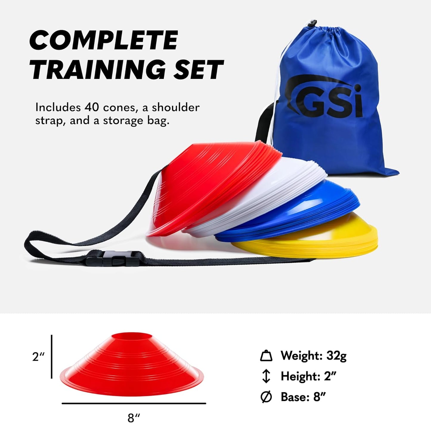GSi Sports Cones | 40 Pack Training Cones with Strap for Agility Drills, Soccer, and Sports Practice and Shapes