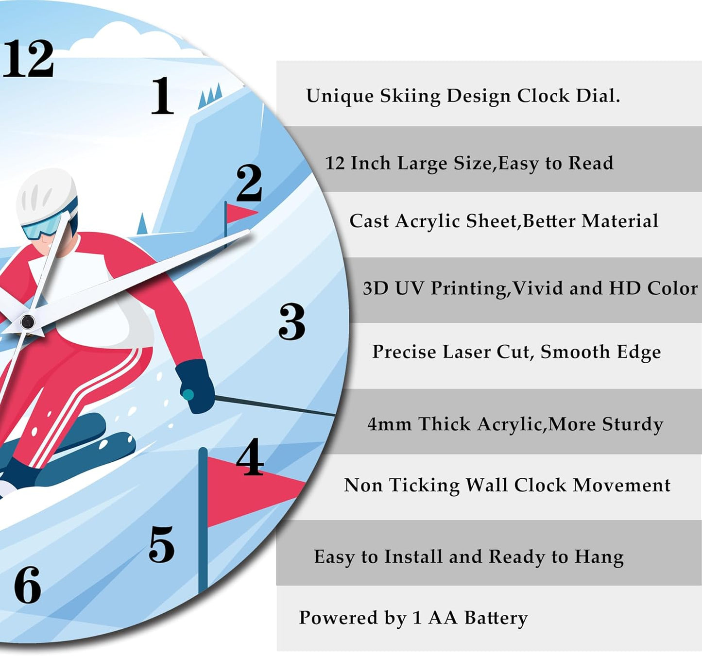 12 Inch Sports Wall Clocks with Silent Clock Movement and Battery Operated, Great Decor for Bedroom, Living Room or Classroom (Skiing Wall Clock)