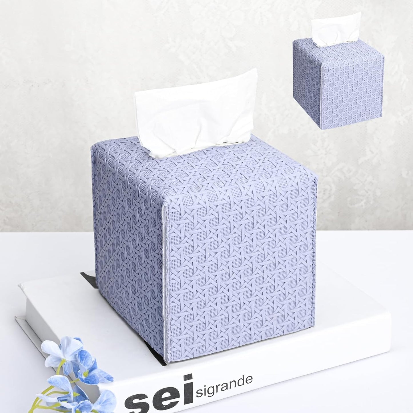 HOMOTEK 2 Pack Tissue Box Cover, Square PU Leather Tissue Holder, Decorative Facial Tissue Cube Paper Organizer Dispenser for Bathroom, Night Stands, Desk, Car 5X5X5'' - Rattan Weave,Lavenderpurple