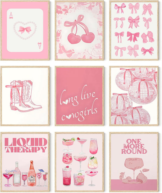 9Pcs Trendy Pink Bows Wall Art Prints Retro Bar Cart Champagne Cocktail Disco Ball Posters Long Live Cowgirls Preppy Coquette Room Decor Aesthetic Pictures for Girly Dorm Apartment Bedroom 8x10in