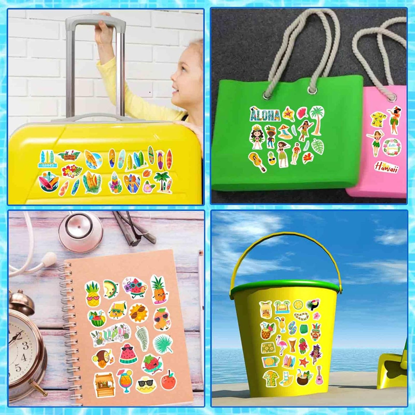 24 Sheets Summer Pool Beach Stickers Luau Hawaii Sun Stickers Sea Beach Watermelon Beer Ice Cream Pineapple Sticker for Hawaii Tropical Decoration Sticker Summer Holiday Party Favors