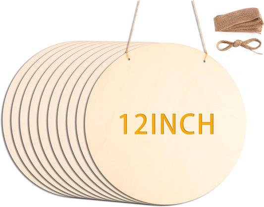 10Pcs 12 Inch Wood Circles for Crafts, Unfinished Wood Blank Wooden Door Hanger Sign, DIY Wood Rounds for Cricut Projects, Wood Burning, Painting, Valentines Day Decor DIY Crafts
