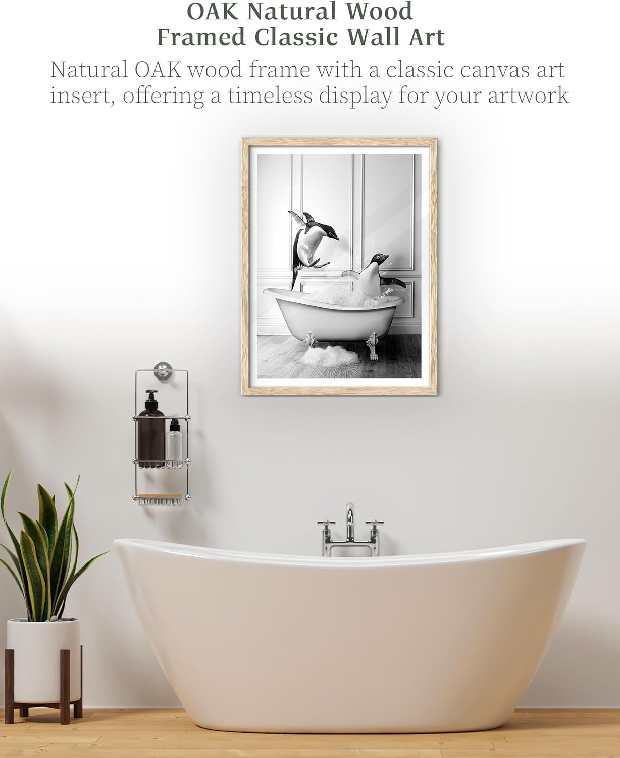 iHery Natural OAK Wood Framed Wall Art, 12x16 in Funny Bathroom Wall Art Decor, Penguin Bathing Animals Canvas Prints, Black and White Wall Decor Pictures For Bedroom Living Room Set of 1