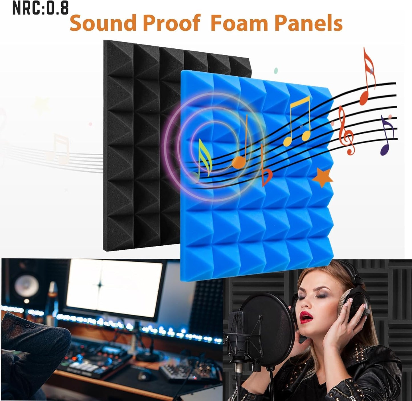24 Pack Pyramid Designed SoundProof FoamPanels 2" x 12"x 12" Saiqiang Acoustic Foam Panels Soundproofing Sound Absorbing Black Sound Proof Foam Panels for Walls