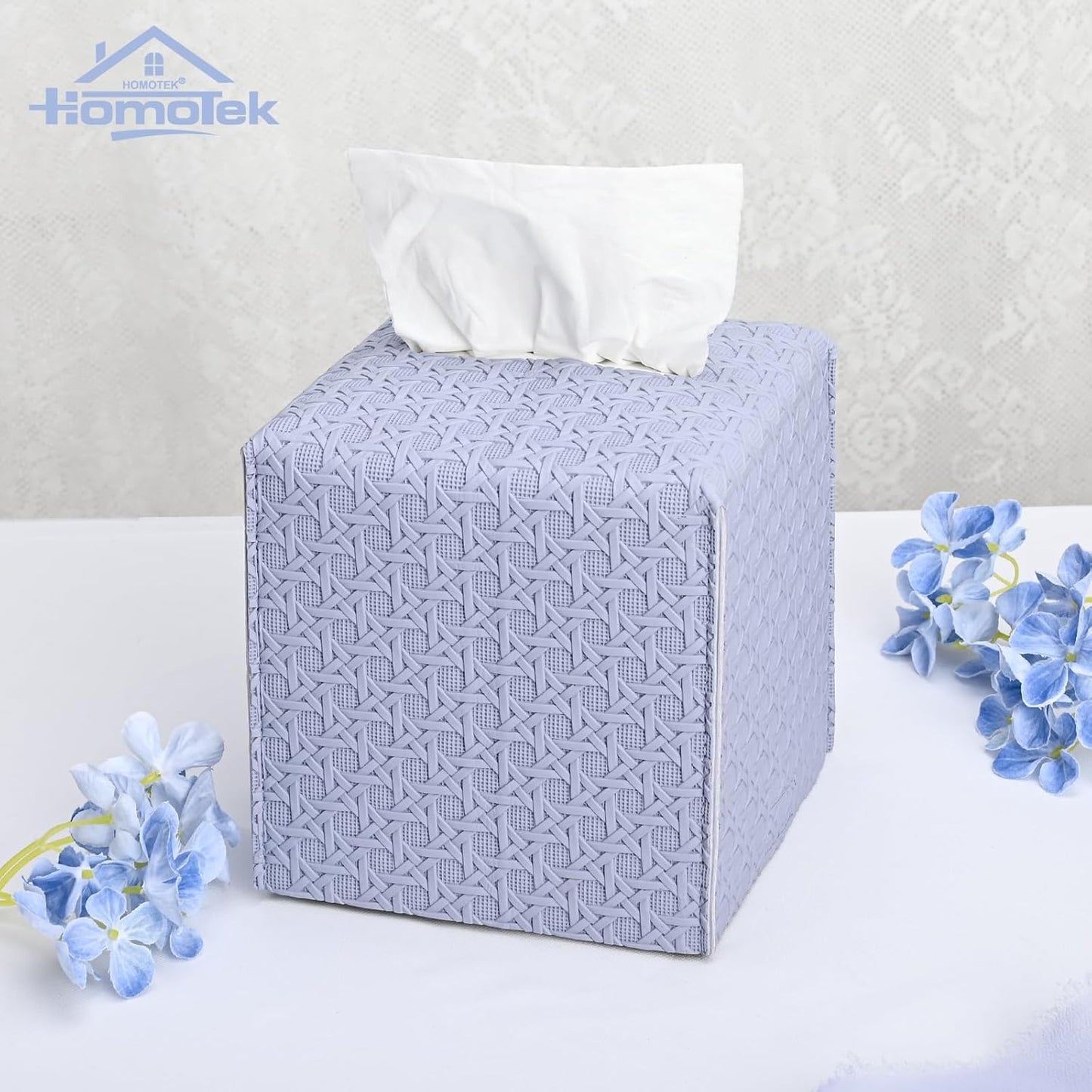 HOMOTEK 2 Pack Tissue Box Cover, Square PU Leather Tissue Holder, Decorative Facial Tissue Cube Paper Organizer Dispenser for Bathroom, Night Stands, Desk, Car 5X5X5'' - Rattan Weave,Lavenderpurple
