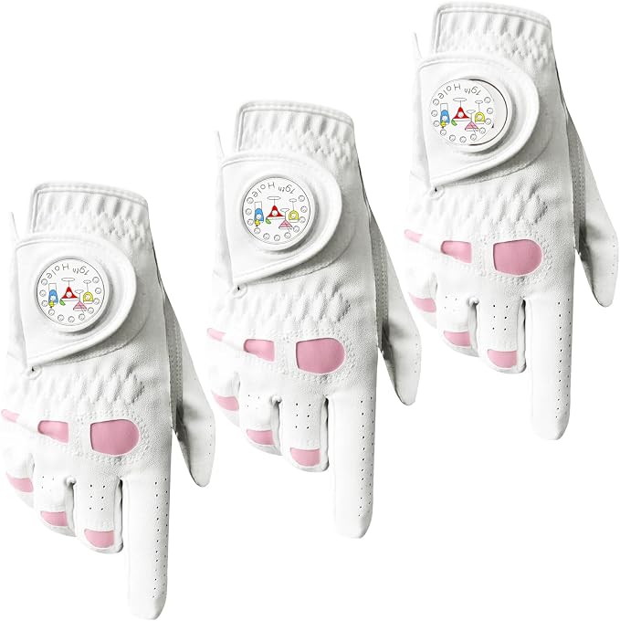 Golf Gloves Women Leather with Ball Marker 3 Pack, Left Hand Right Stylish Pink by AmySport