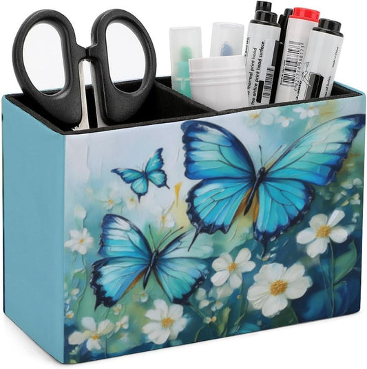 Blue Butterfly Floral Lether Pen Holder for Desk Makeup Brush Holder Office Organizer Desk Accessory for School Office