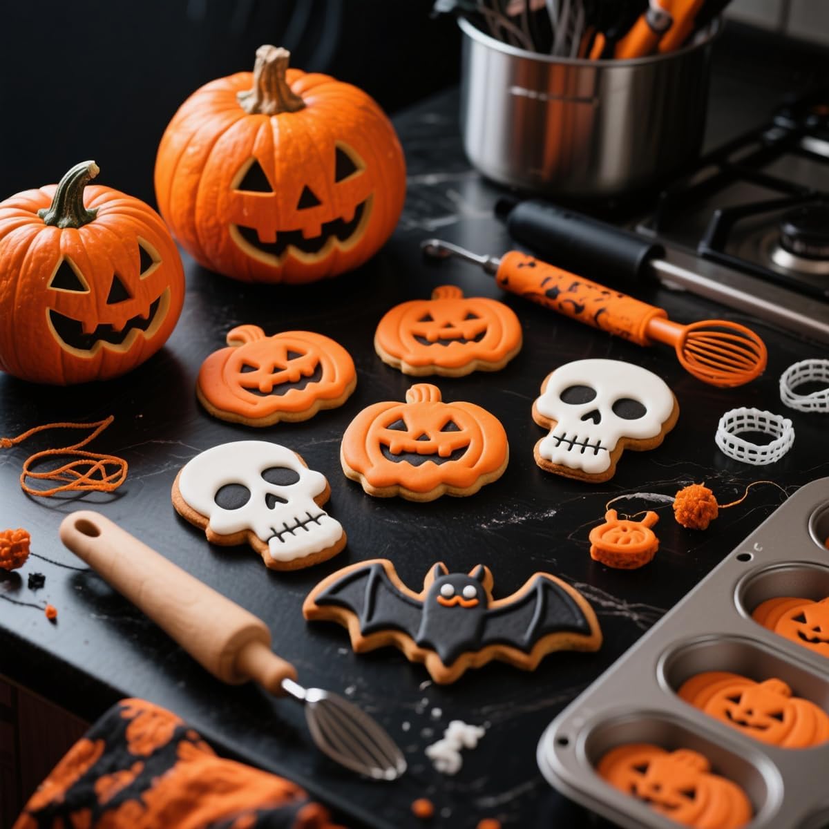 Halloween Cookie Cutters Set 10pcs - Ghost, Bat, Pumpkin, Witch Hat, Cat, Skull, Spider, Spider Web, Coffin, Tombstone Shapes, Stainless Steel Metal Biscuit Molds for Baking or Party Decorations