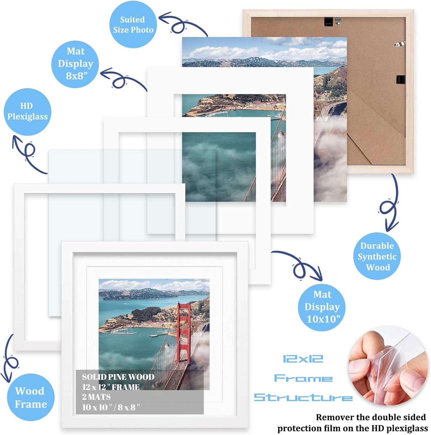 12x12 Wood Picture Frames for Wall Hanging or Tabletop,Diamond Painting Frame Baby Scan Picture Frames with 2 Mats Display 8x8 or 10x10 for Family Walls Decoration,Anniversary,Wedding,Christmas(White)