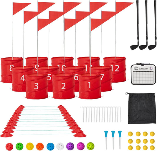 Bucket Yard Golf Game with Clubs 9 Hole Set Portable Low Tide Golf Game for Beach Backyard Lawn with 2 Golf Outdoor Indoor Golf Chipping Games for Adults Family Club Party (Red, 12 Bucket)