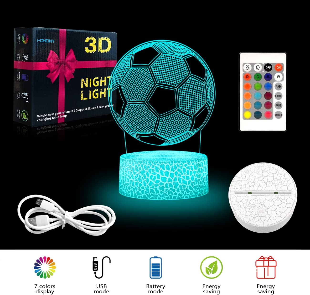 i-CHONY Soccer Gifts Night Light for Kids,Soccer 3D Illusion Lamp 16 Colors Dimmable Bedroom Decor Bedside Lamp,with Remote & Smart Touch,Birthday Xmas Idea Gift for Boys Girls Kids