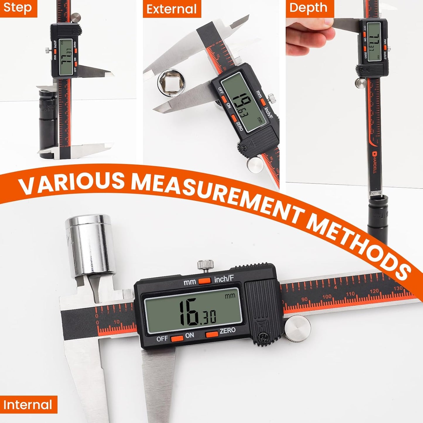 HARDELL Digital Caliper, 0-8 Inch Caliper Measuring Tool with Large LCD Screen, Auto-Off, Inch/Fractions/MM Conversion, Electronic Stainless Steel Micrometer for DIY/Household/3D Printing