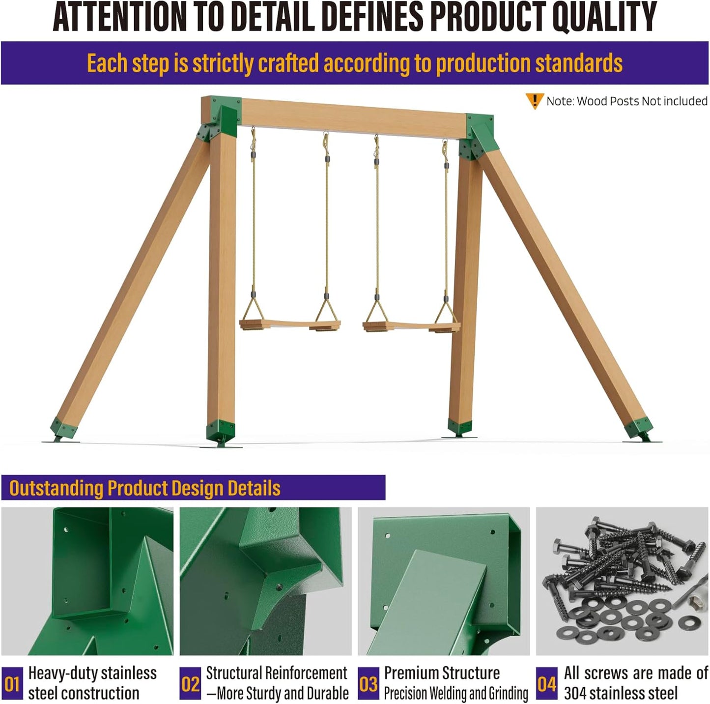 Hulave Stainless Steel Swing Bracket Kit, 4-Pack Swing Set Anchor Leveling Kit Bracket 4"x4"+2pcs A Frame Swing Set Brackets with Mounting Accessories(Green)