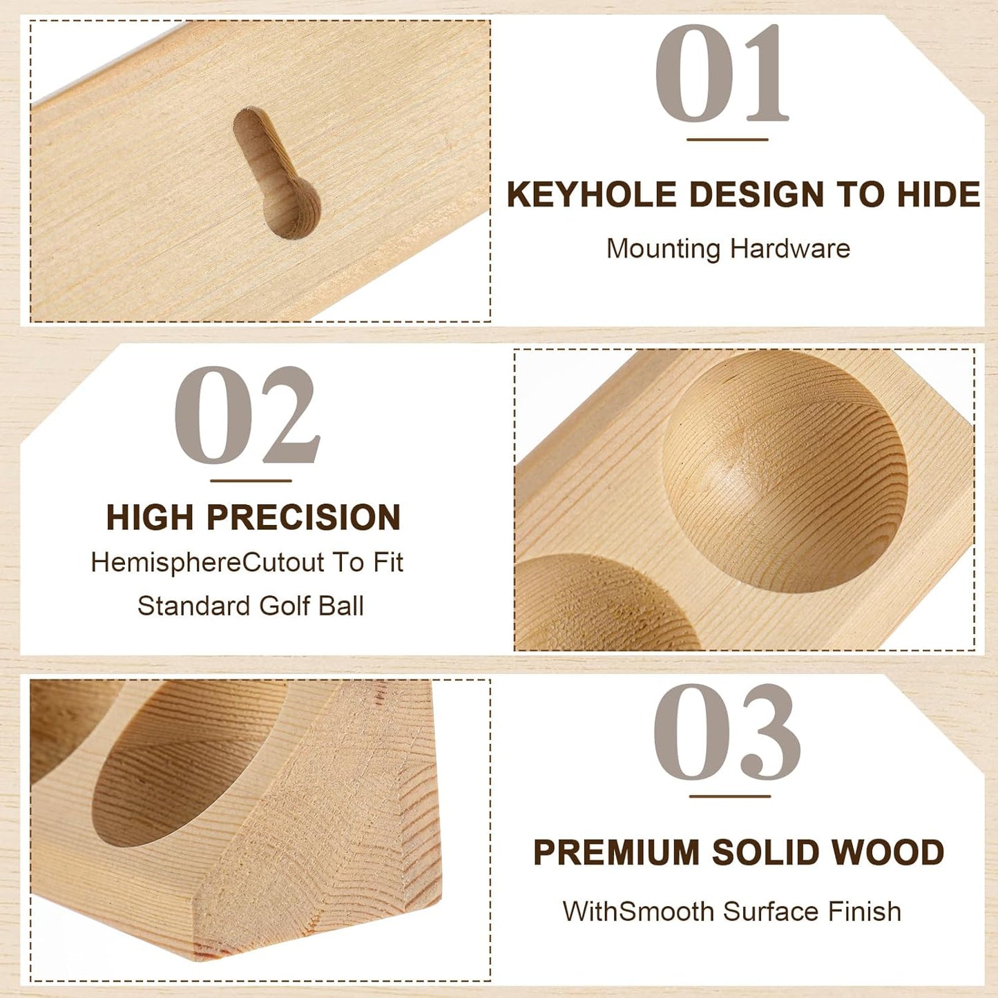 1 Pack Wooden Golf Ball Display Case 6 Standard Size Wall Mount Golf Ball Stand Holder Display for Collector Sport Memorabilia Accessories Gift (Original Wood Color)