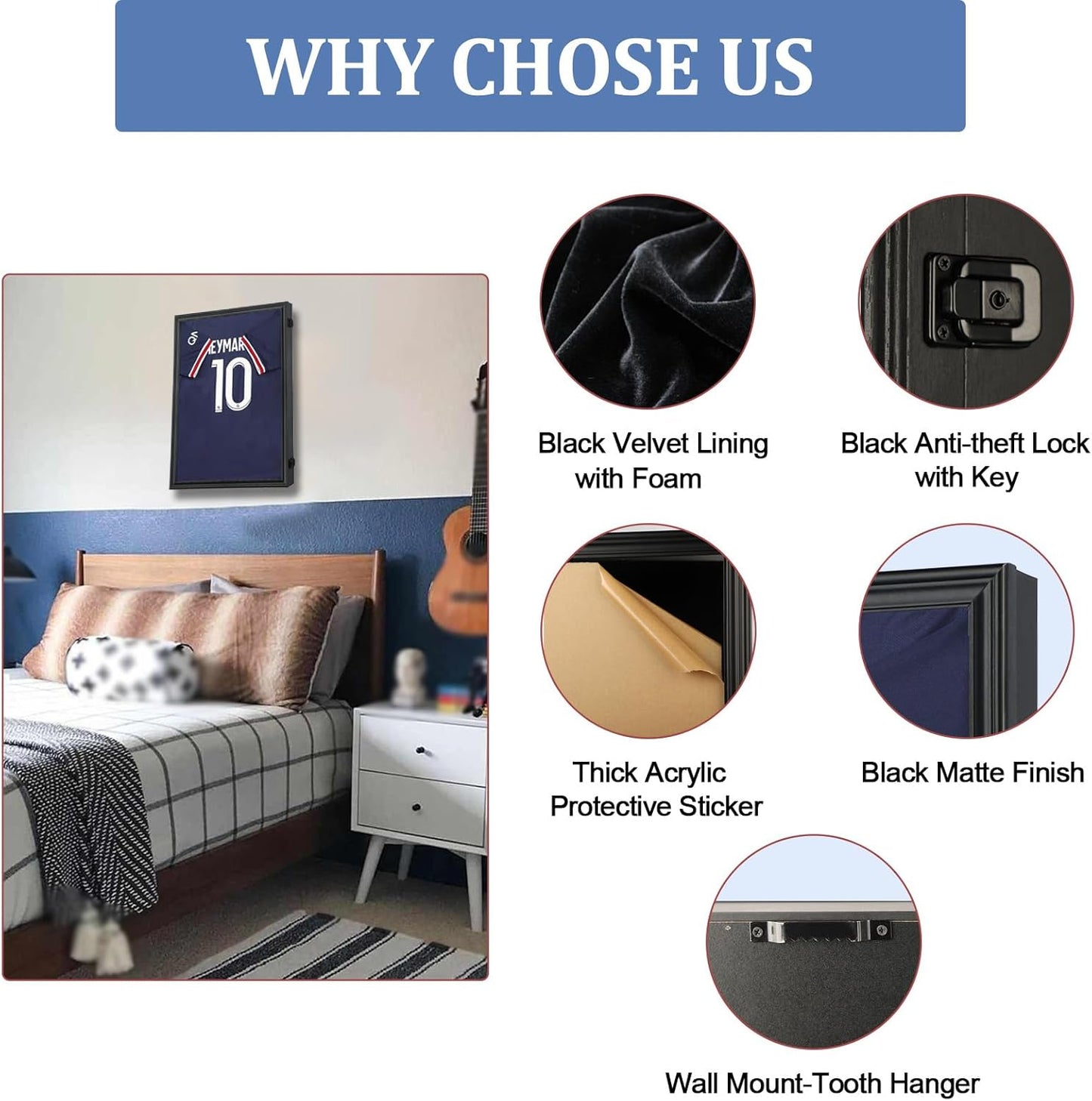 IHEIPYE Kids Jersey Frame Display Case Lockable, Sport Jersey Shadow Box with 98% UV Protection Acrylic and Hanger for Baseball Basketball Football Soccer and Uniform, Small-Black Locks