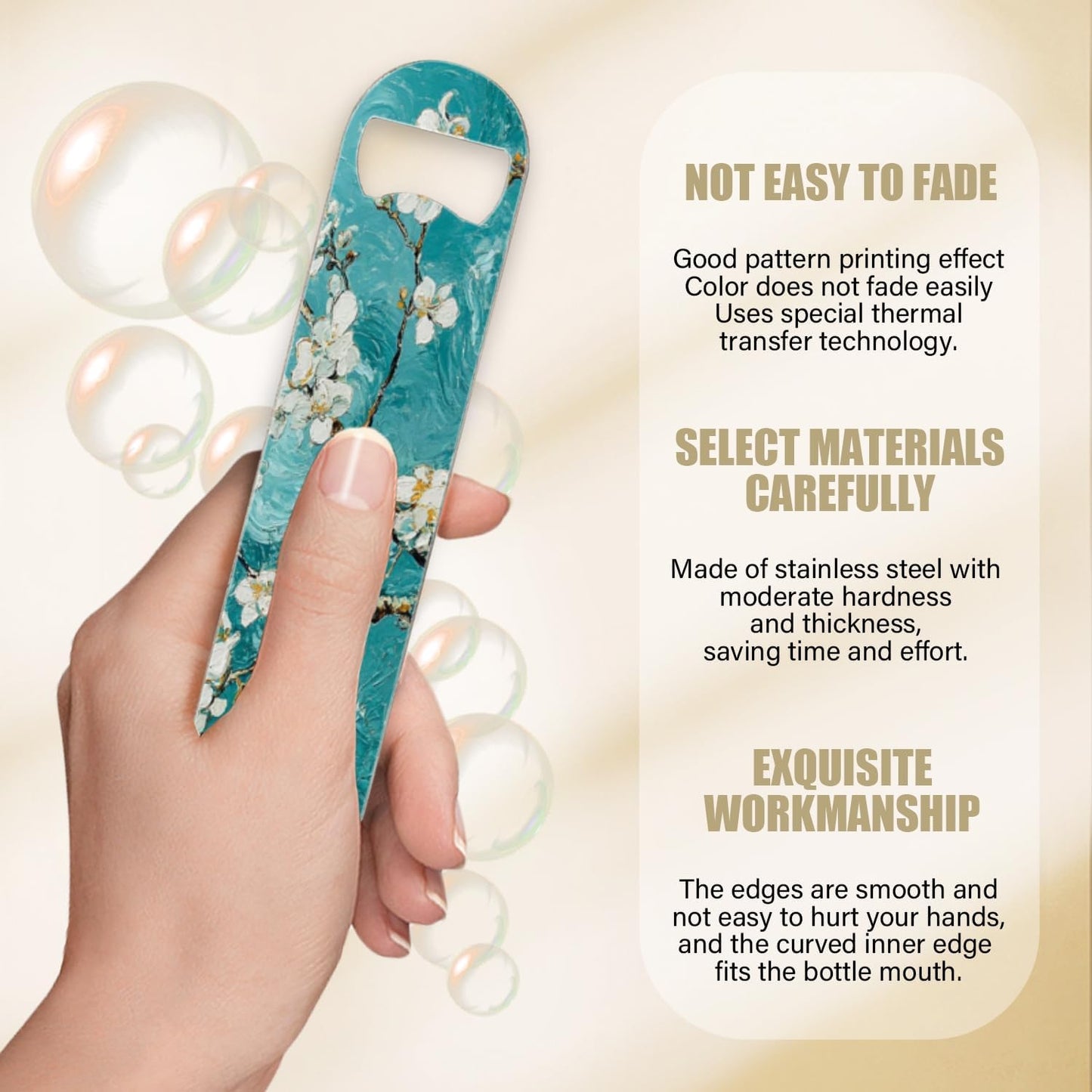 2 PACK Beer Bottle Opener, Stainless Steel Flat Bottle Openers,7 inch Metal Decor,Teal Green Almond Flowers