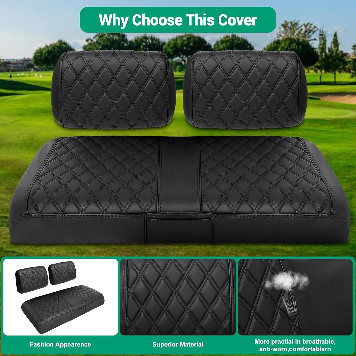 iLSKW Golf Cart Seat Cover for Club Cart DS Pre 2000, Premium Marine Vinyl, Diamond Stripe Black Stitching Anti-Chipping/Anti-Fading/No Stapler