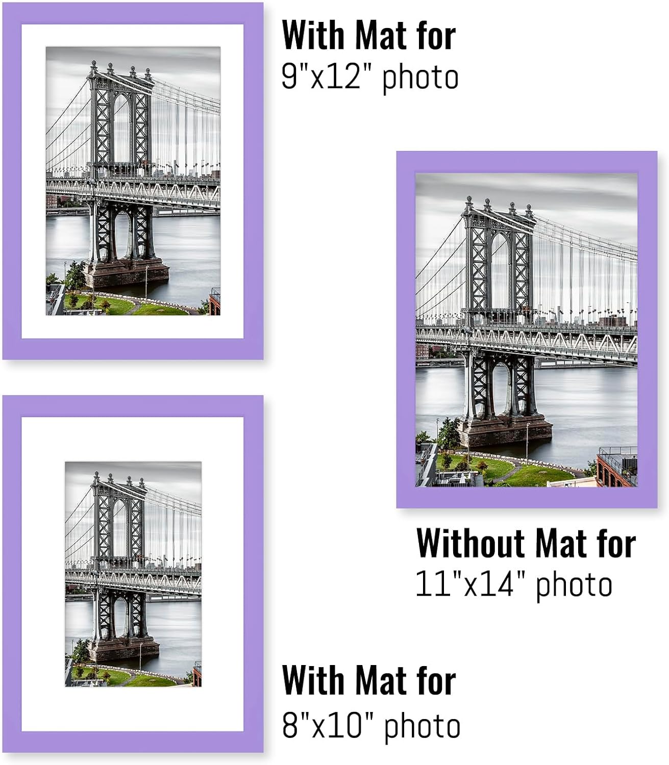 11x14 Solid Wood Picture Frames with 2 Mats for Wall Mounting or Table Top (Purple)