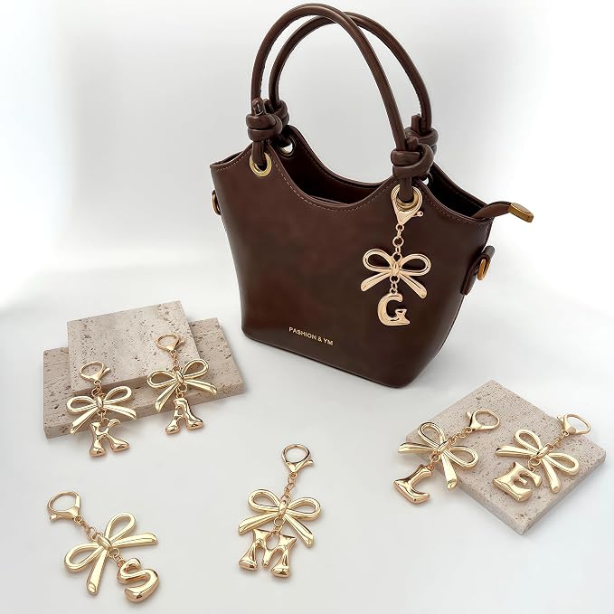 Gold Bubble Heart, Bow & More Designs Letter Initial Keychain Bag Charms – Cute - Image 2