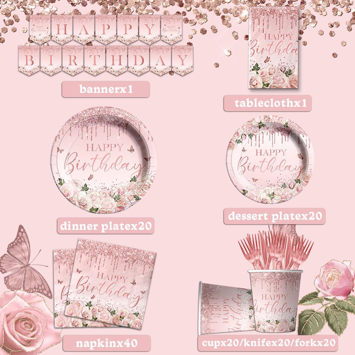 142Pcs Pink Rose Gold Birthday Party Supplies - Pink Birthday Party Tableware Disposable Dinner Plate,Tablecloth Rose Gold Theme Birthday Party Decoration for 50th 60th 70th 80th Women or Girls