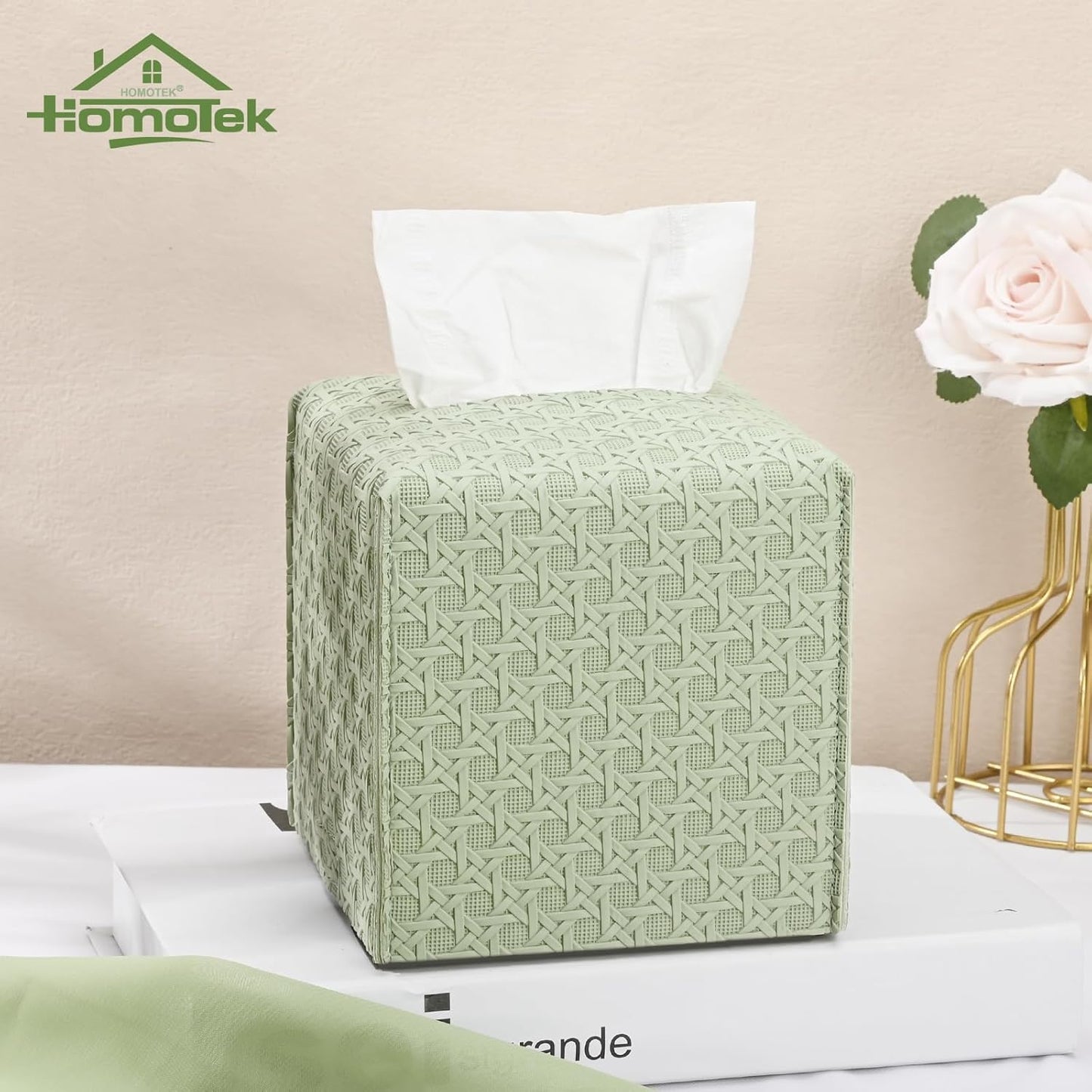 HOMOTEK 2 Pack Tissue Box Cover, Square PU Leather Tissue Holder, Decorative Facial Tissue Cube Paper Organizer Dispenser for Bathroom, Night Stands, Desk, Car 5X5X5'' - Rattan Weave,Mint Green