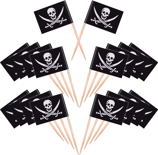 100 Pieces Pirate Cocktail Toothpicks Flags Cake Toppers for Food, Appetizer, Cocktail, Cupcake Decoration for Kids Halloween Birthday Party Decorations (100)