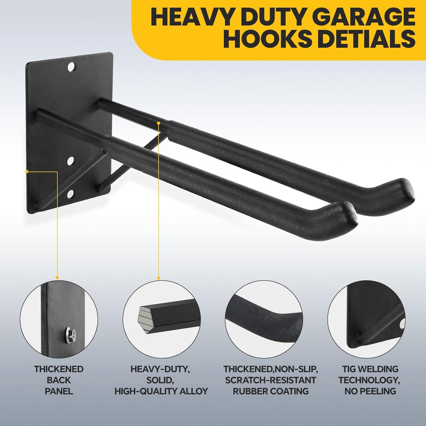 14" Large Heavy Duty Garage Hooks, 2-Pack Steel Garage Storage Hooks with Support Rods, Utility Wall Mount Hangers for Power Tools, Car Tires, Ladders, Chairs, Garden Tools and More