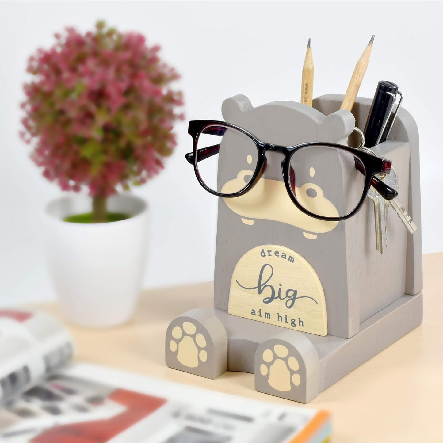 I'm Wood Multipurpose Eyeglass Phone Pen & Pencil Holder Stand Stationery Desk Box Organizer Accessories Decor Home Office Desktop Birthday Graduation Gifts “Dream Big Aim High” (Hippo)
