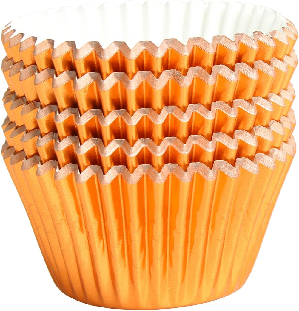 100Pcs Foil Cupcake Liners - Foil Baking Cups for Muffins, Wedding, Birthday, Baby Shower Parties (Orange)