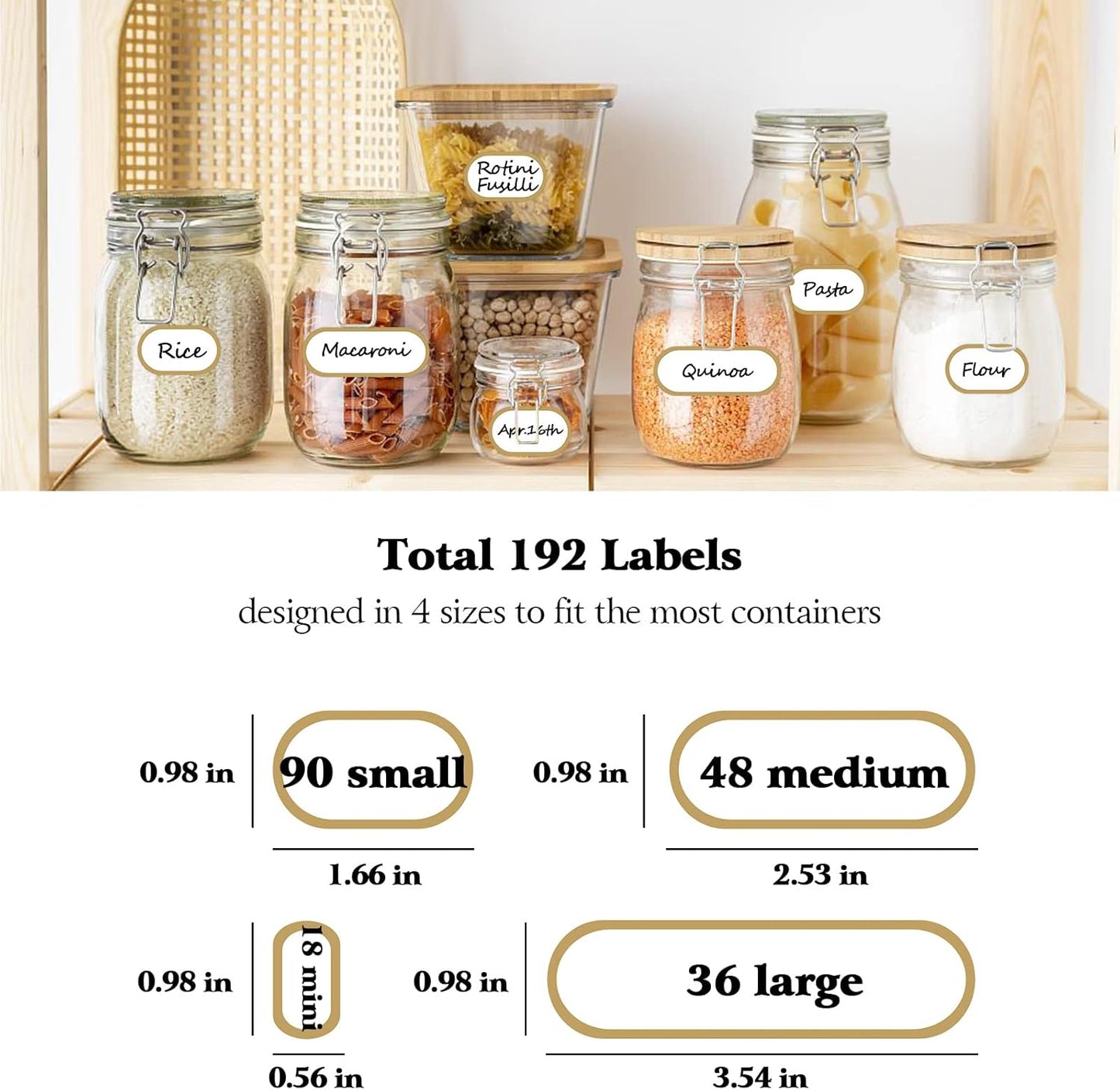 192pcs Removable Bottle Labels Waterproof Self-Adhesive Kitchen Home Edit Food Label Stickers with Gold Border for Food Containers Mason Jars Storage Bins Daycare Organization,with Marker Pen