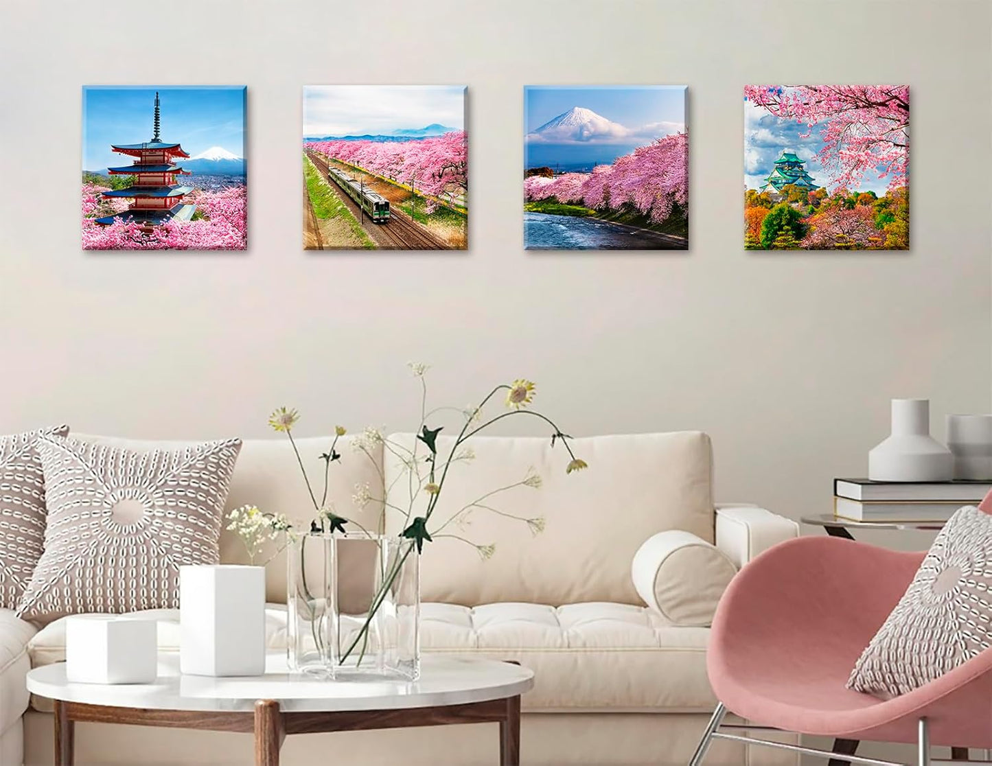 Japanese Cherry Blossom Wall Art - Asian Nature Landscape Romantic Canvas Prints Japanese Mount Fuji Posters Spring Scenery Pictures Modern Artwork for Bedroom Living Room Home Decoration 12"X12"X4