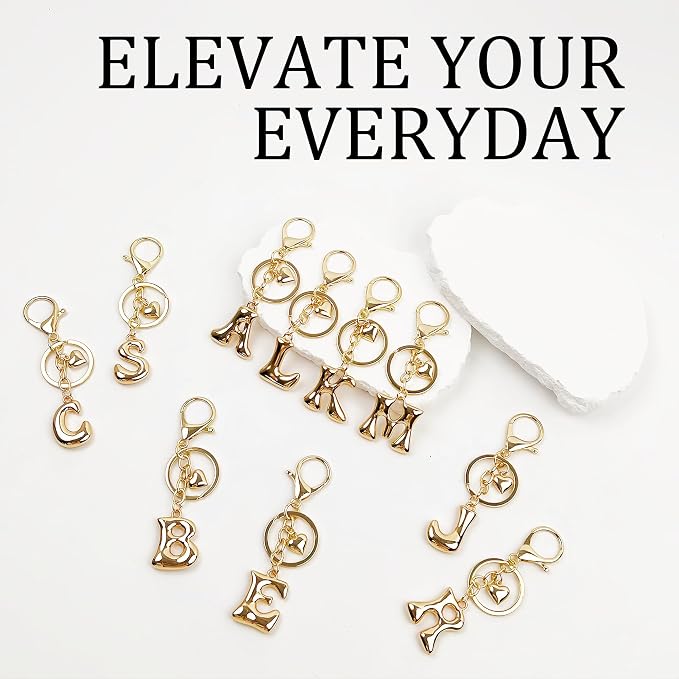 Gold Bubble Heart, Bow & More Designs Letter Initial Keychain Bag Charms – Cute - Image 6