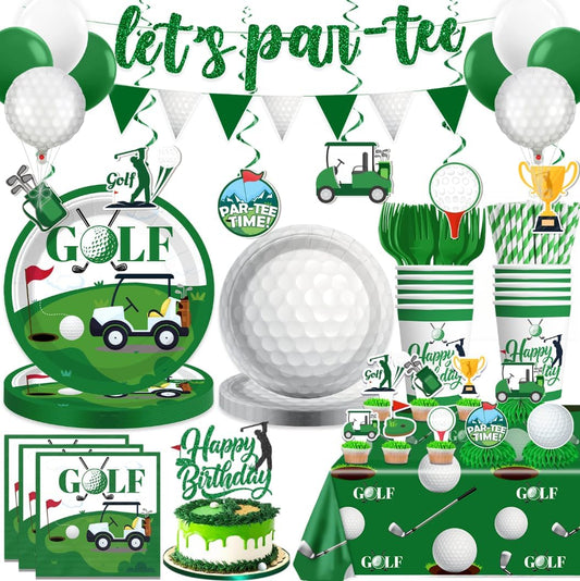342pcs Golf Party Decorations, Golf Birthday Decorations Include Golf Plates and Napkins Set, Banner Hanging Swirls Tablecloth Cupcake Topper Balloon, for Golf Birthday Party Decorations, Serves 50