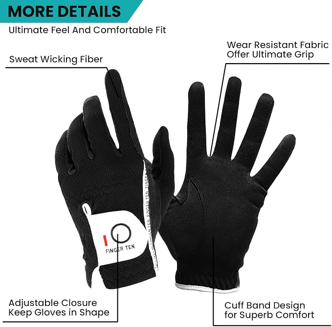 FINGER TEN Men's Golf Gloves for Right Left Handed Golfer Rain Grip Value 2 Pack - Image 2