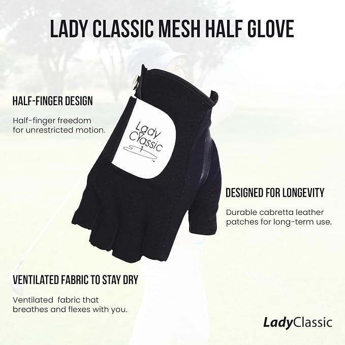 Mesh Half Golf Glove for Women – Premium Cabretta Leather Palm, Breathable Mesh - Image 4