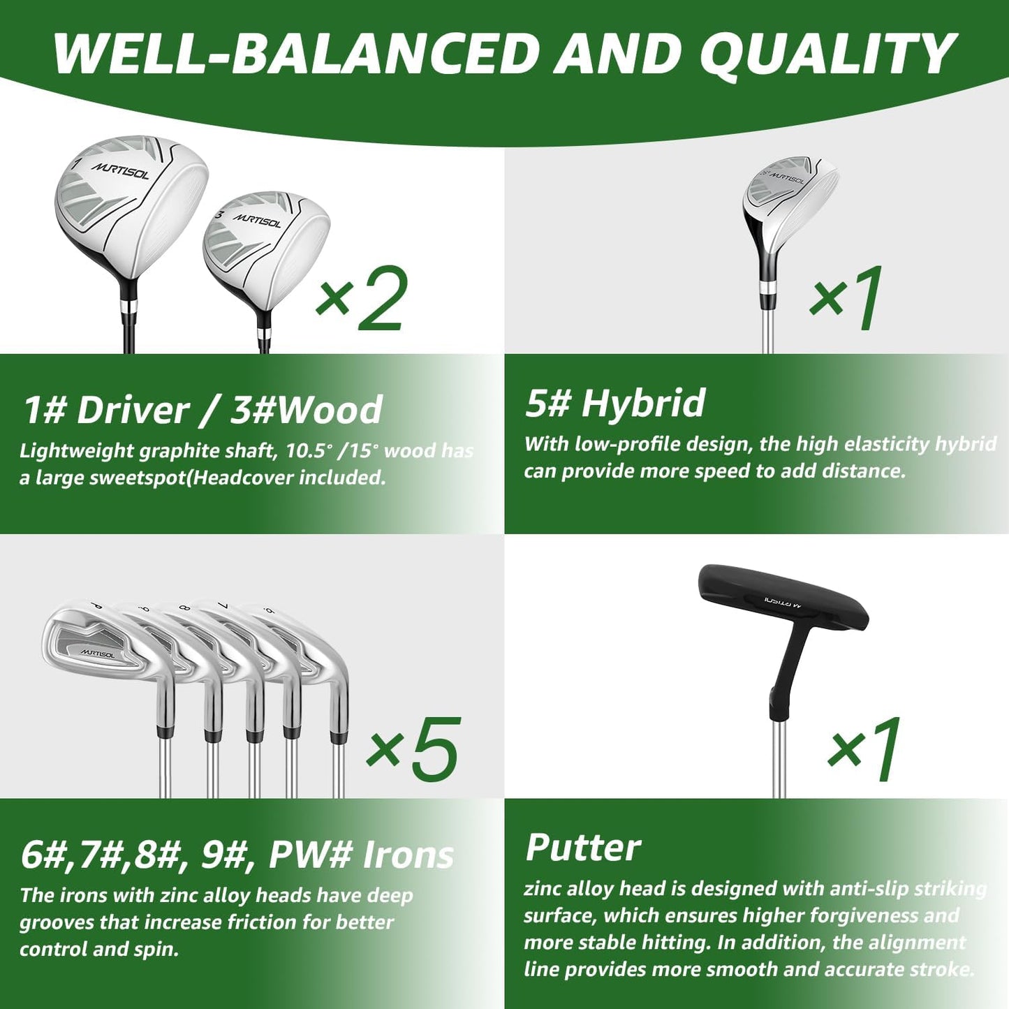 10 Pieces Golf Clubs Full Set Mens Right Hand,Golf Set Includes Stand Bag with Rain Hood, 1#Driver 3#Wood #5 Hybrid,with 3 Head Covers, 6# 7# 8# 9# PW# Irons and Putter