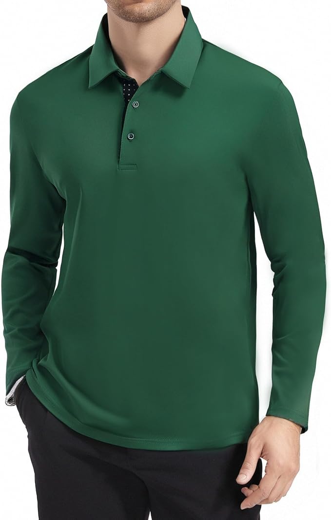 Alex Vando Mens Golf Shirt Moisture Wicking Quick-Dry Solid Long Sleeve Polo - Image 2