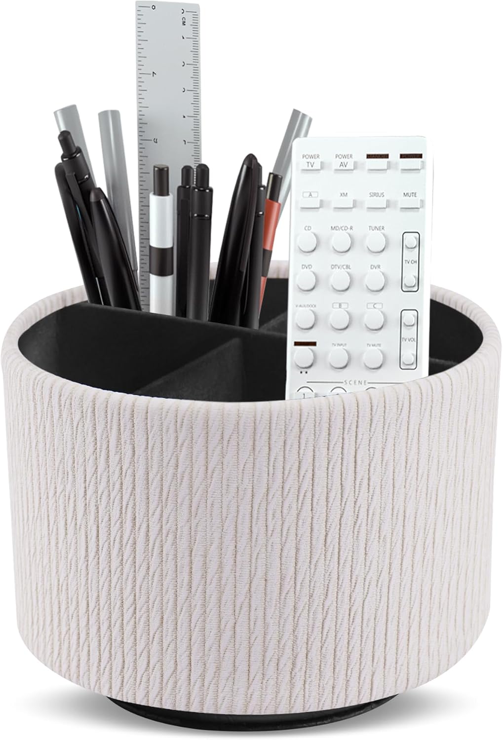 Hennaja Round Leather Art Supply Organizer,Remote Control Holder,360 Degree Spinning,Multi-Functional Pencil Holder,4 Compartments Desktop Stationary Organizer(1-Wood Beige)